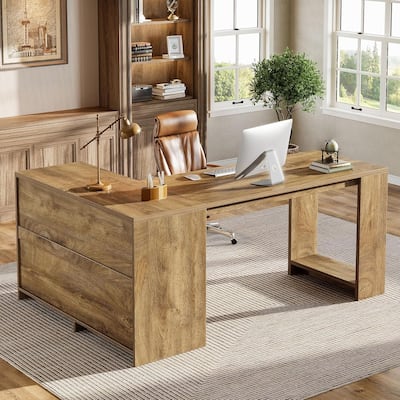 63" L-Shaped Executive Desk, Large Office Desk with File Cabinets and Shelves, Farmhouse Wooden Business Furniture