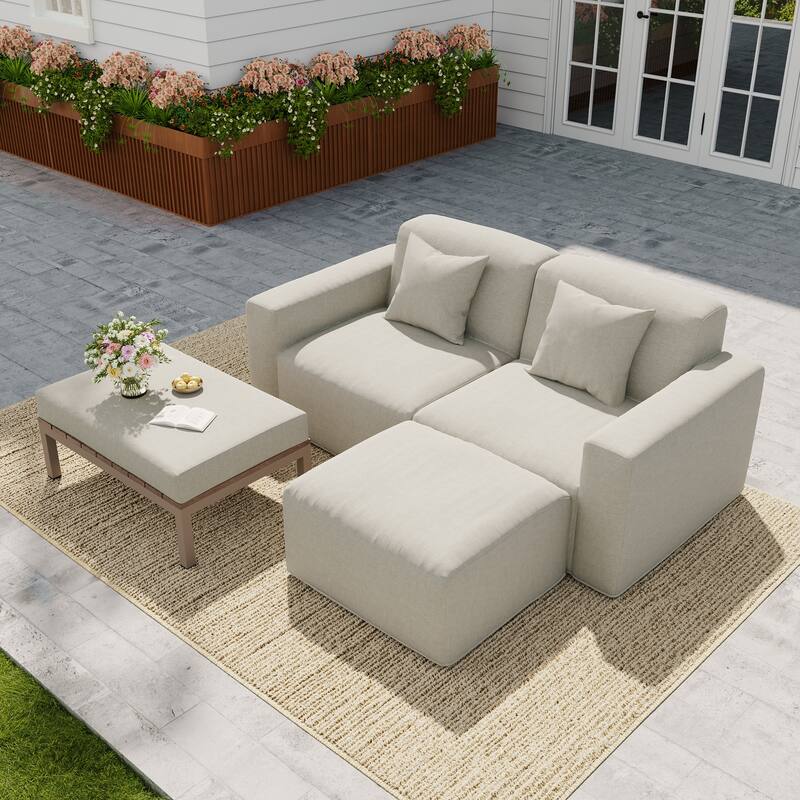 No Assembly Outdoor Patio Modular Sofa with Ottoman, Coffee Table