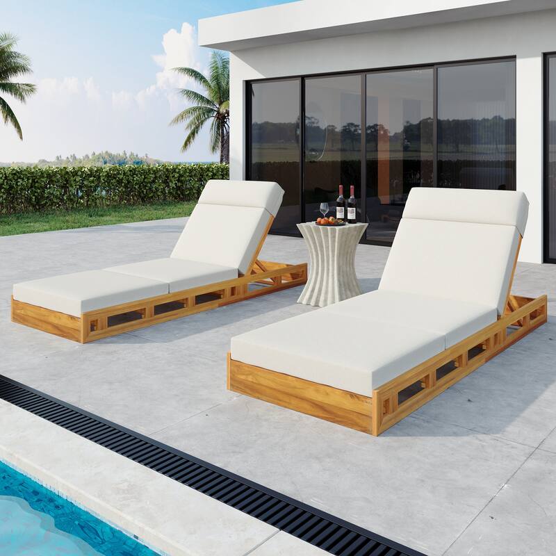 Christopher Knight Home- Cassian Patio Acacia Wood Chaise Lounge Set - Teak+Cream+2 Piece