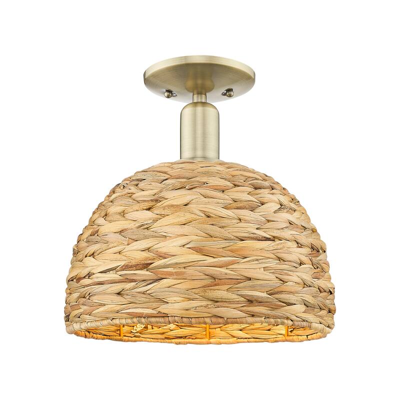 Innovations Lighting Endless Possibilities Arcadia - Woven Rattan - 1 Light 12" Semi-Flush Mount - Antique Brass/Natural