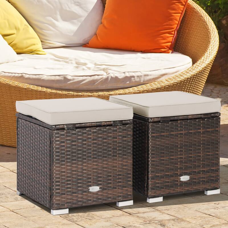 Costway 2PCS Patio Rattan Ottomans Seat Side Table Storage Box - See Details - Beige