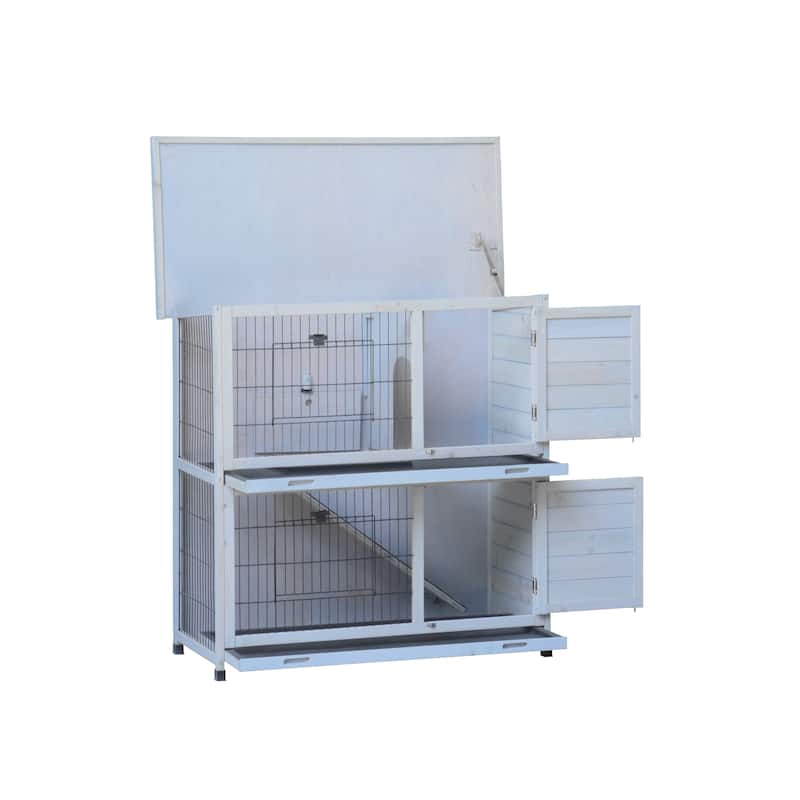 Rabbit Hutch,2-Story Rabbit Bunny Cage Indoor with Run,,2 Removable No-Leak Trays,Pet Cages,Non-Slip Ramp,Waterproof Roof,Fence