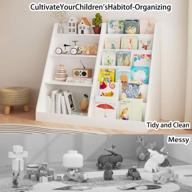 Anmytek Kids Bookcase Large Capacity Trapezoid Bookshelf Eco Friendly Wood Toy Storage Organizer Cabinet