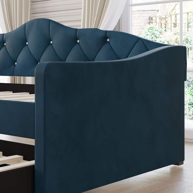 CraftPorch Glam Velvet, Crystal Button Tufted Twin Daybed with Trundle