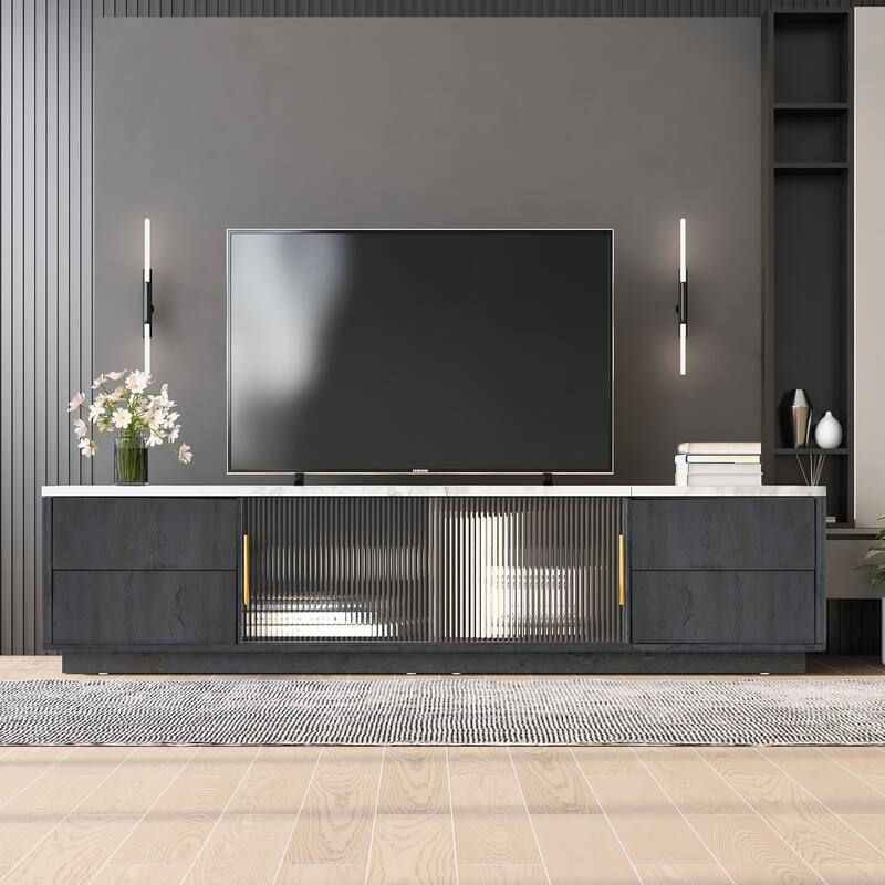 Glass Doors TV Stand for 70" TV, Media Console with 4 Drawers Floor Wood TV Media Center Table with Large Storage Cabinet - Black,White