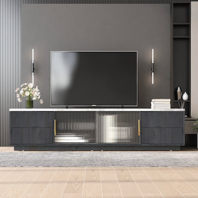 Glass Doors TV Stand for 70" TV, Media Console with 4 Drawers Floor Wood TV Media Center Table with Large Storage Cabinet