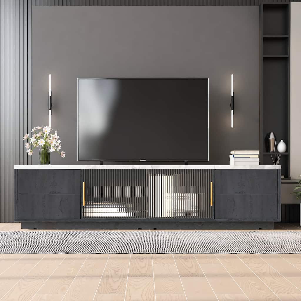 Glass Doors TV Stand for 70" TV, Media Console with 4 Drawers Floor Wood TV Media Center Table with Large Storage Cabinet
