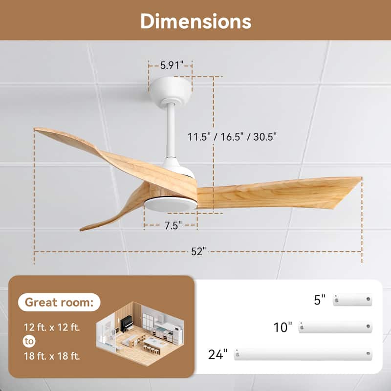 52" Wood Noiseless 3-Blade Ceiling Fans with Dimmable LED Light Optional and Remote, 6-Speed Reversible DC Motor