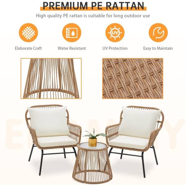 EROMMY 3-Piece Patio Conversation Set with Glass Table & 2 Armchairs, Seat Cushions