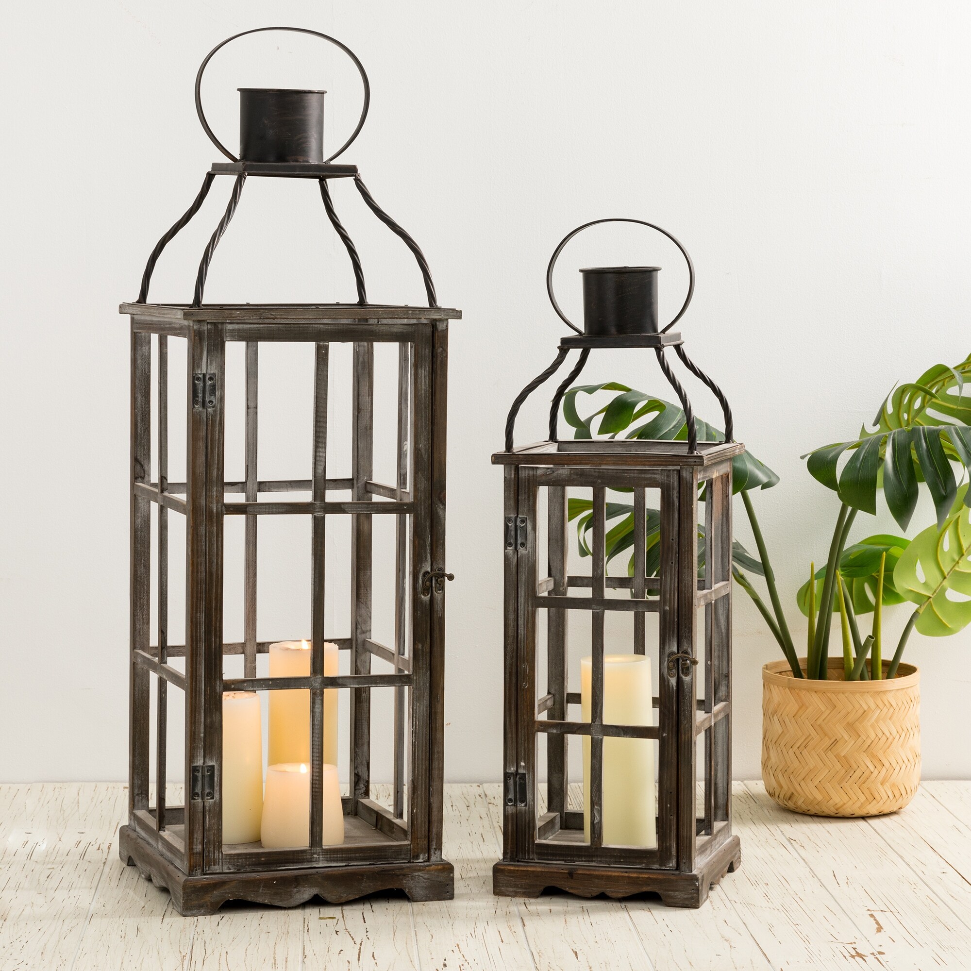 Glitzhome Set of 2 Elegant Farmhouse Wooden Metal Hanging Candle Holder Lanterns for sale online 