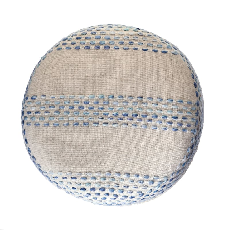 18" Blue and Cream Tufted Pin Dot Round Pouf Ottoman