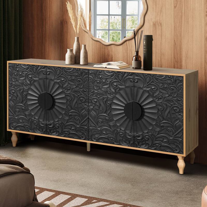 Storage Cabinet with Carved And Spliced Doors, Freestanding Sideboards with 4 Doors, Accent Cabinet with Adjustable Laminates