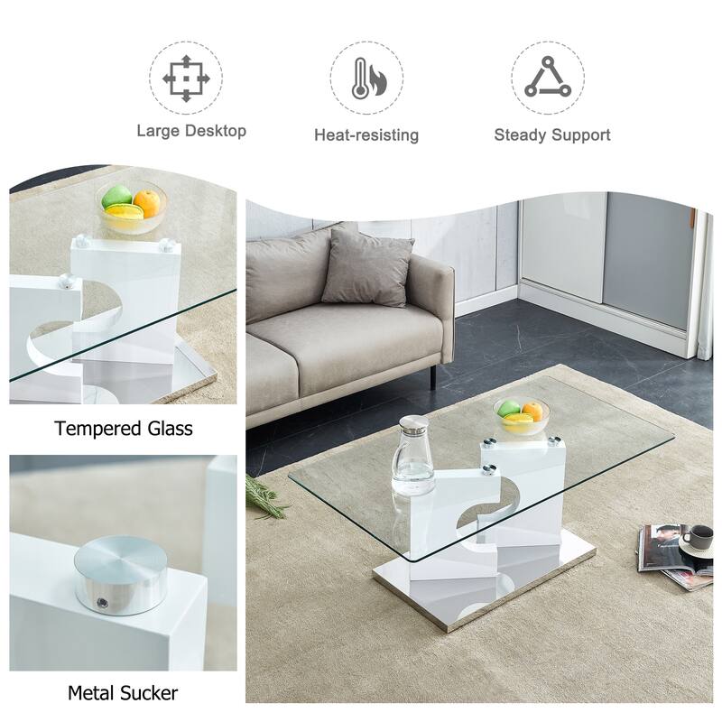 Roomfitters Rectangular Coffee Table with Glass Top and White MDF Legs, Stylish Modern Table for Living Room