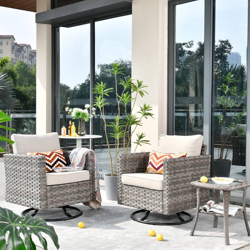 OVIOS Patio Wicker Swivel Rocking Chair 3-piece Set with Side Table - Beige