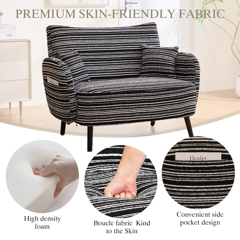 Modern 2-Seater Sofa Deep-Seated Sofa with Armrest Pillows & Side Storage Pockets, for Bedroom, Apartment, Black