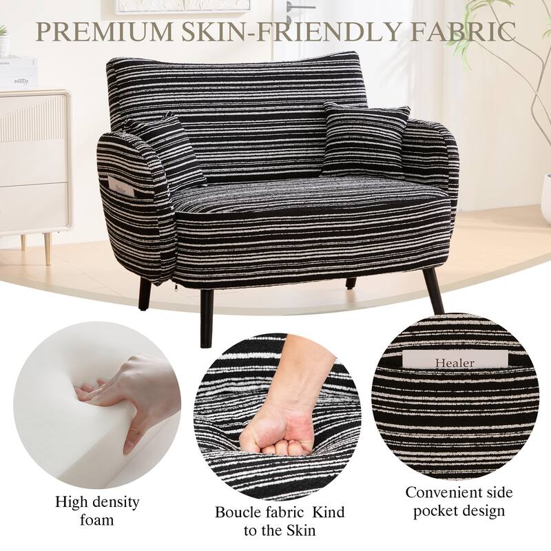 Modern Boucle 2-Seater Sofa with Storage Pockets, Deep-Seated Small Couch with Armrest Pillows for Apartments