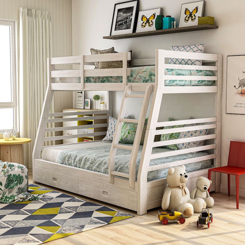 Cude Modern Twin over Full Solid Wood Bunk Bed Set by Furniture of America - Wire Brushed White