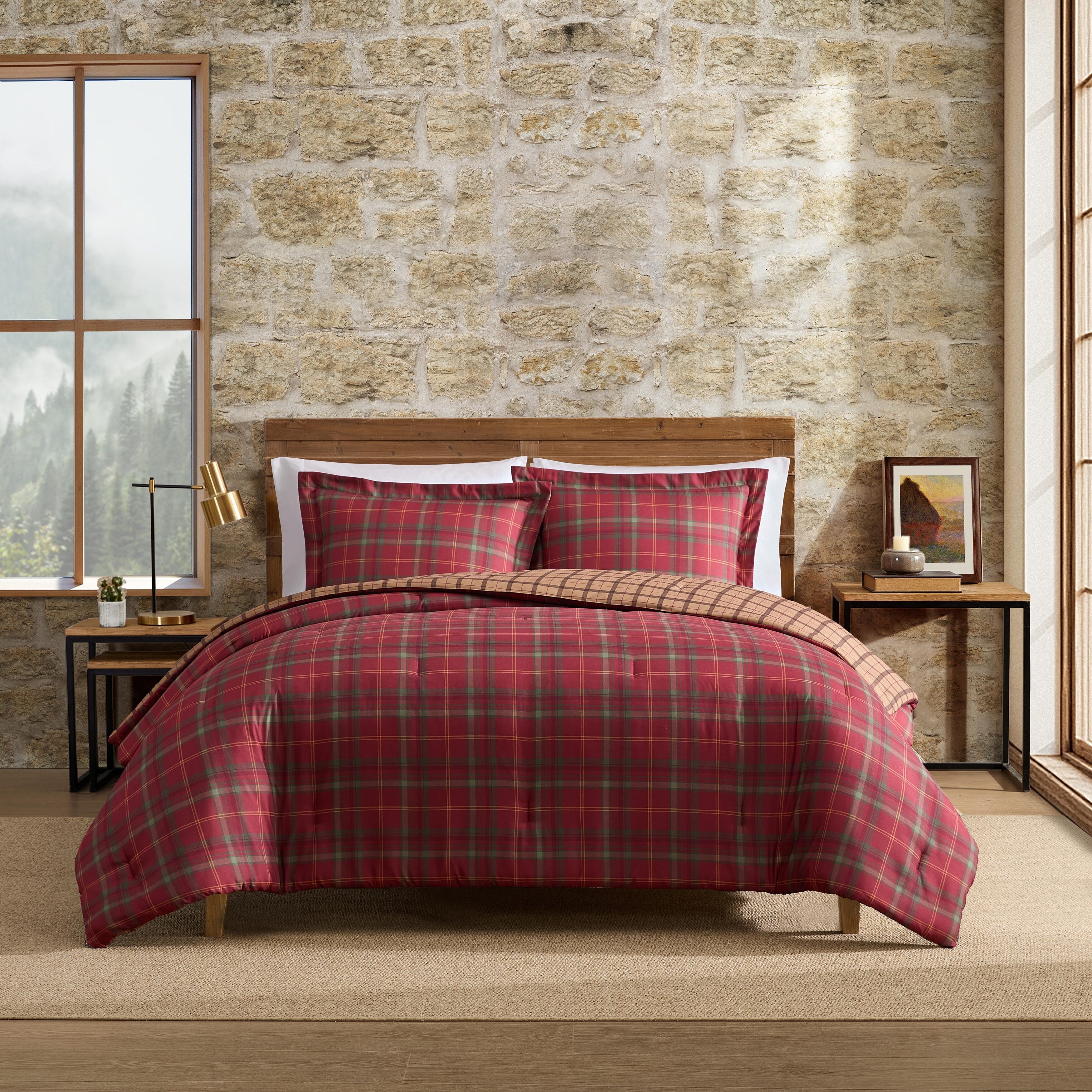 Eddie Bauer Treebark Plaid Red Reversible Comforter Set