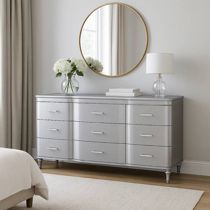 Eleena 6 Drawer Wide Dresser, Silver Solid Wood Frame, Acrylic Handles