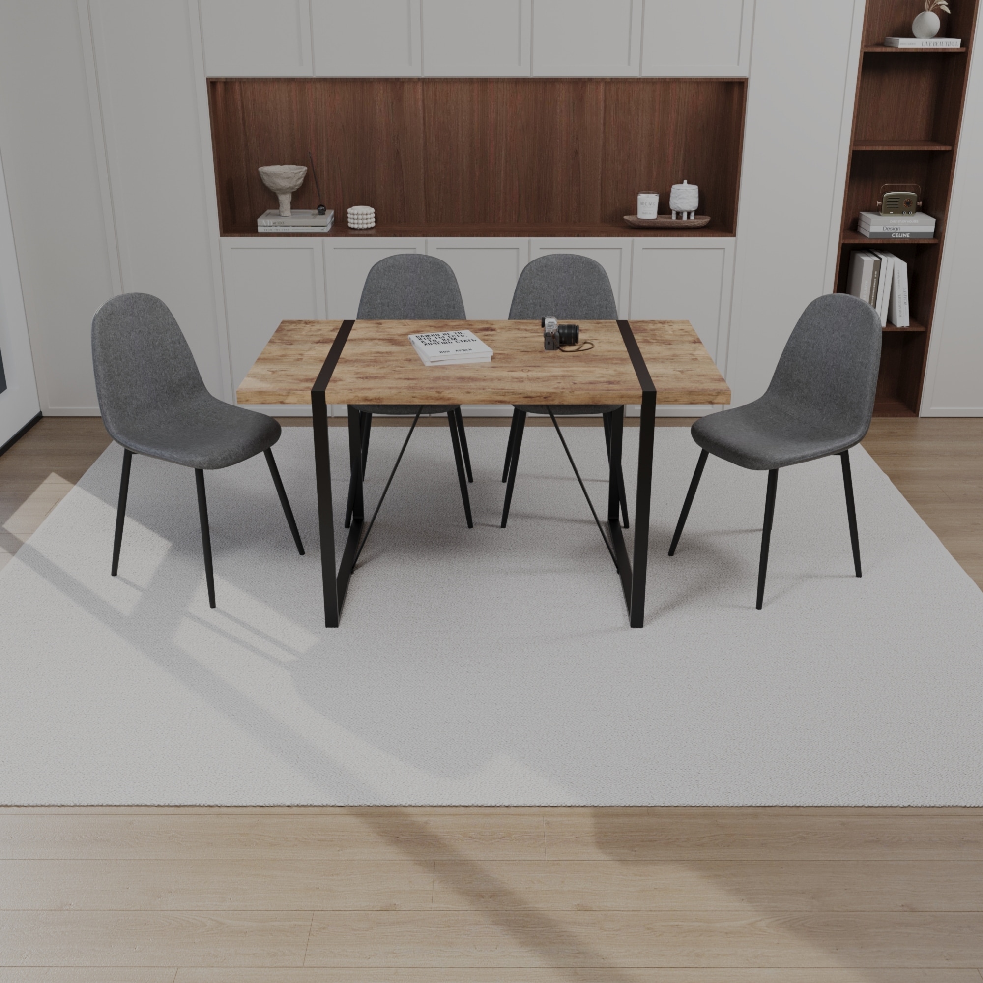 Modern 5-Piece Dining Set with Dark MDF Rectangular Table & 4 Round Corner Suede Chairs