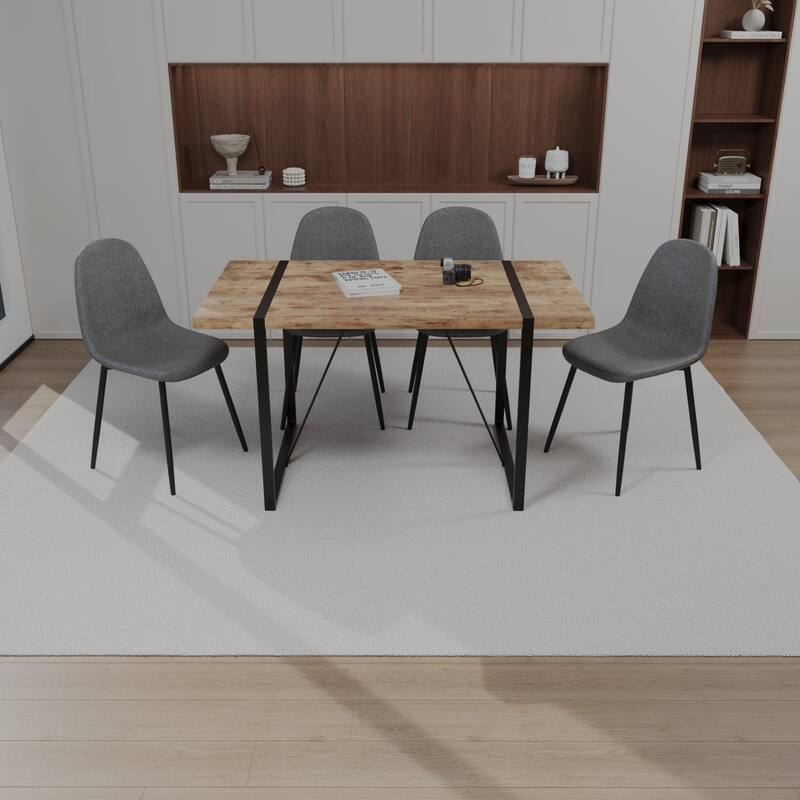 Modern Style 5-Piece Dining Set with Rectangular MDF Dark Wood Table and 4 Round Corner Suede Dining Chairs - Grey+Brown