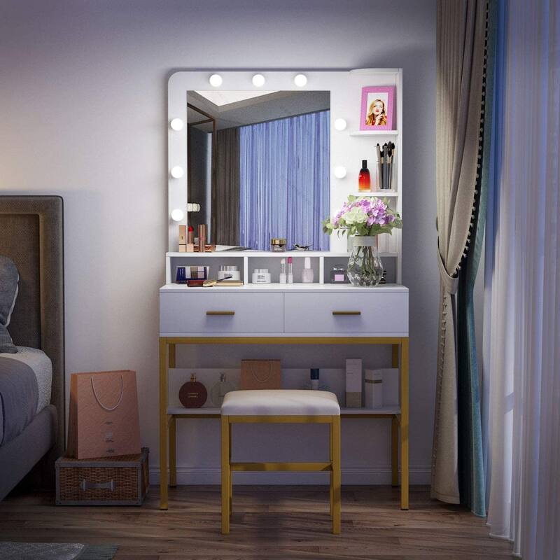 Makeup Vanity Dressing Table with 9 Lights, 2 Drawers and Storage Shelves for Bedroom