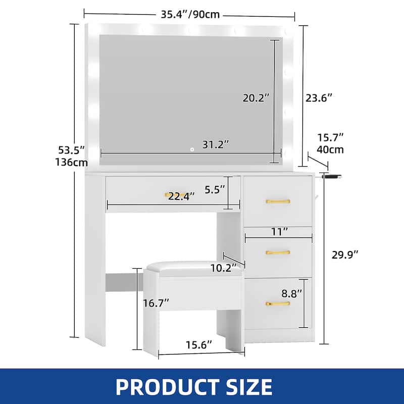 Moasis 42.1" White Mirror Makeup Vanity Table with Stool and Light Strip