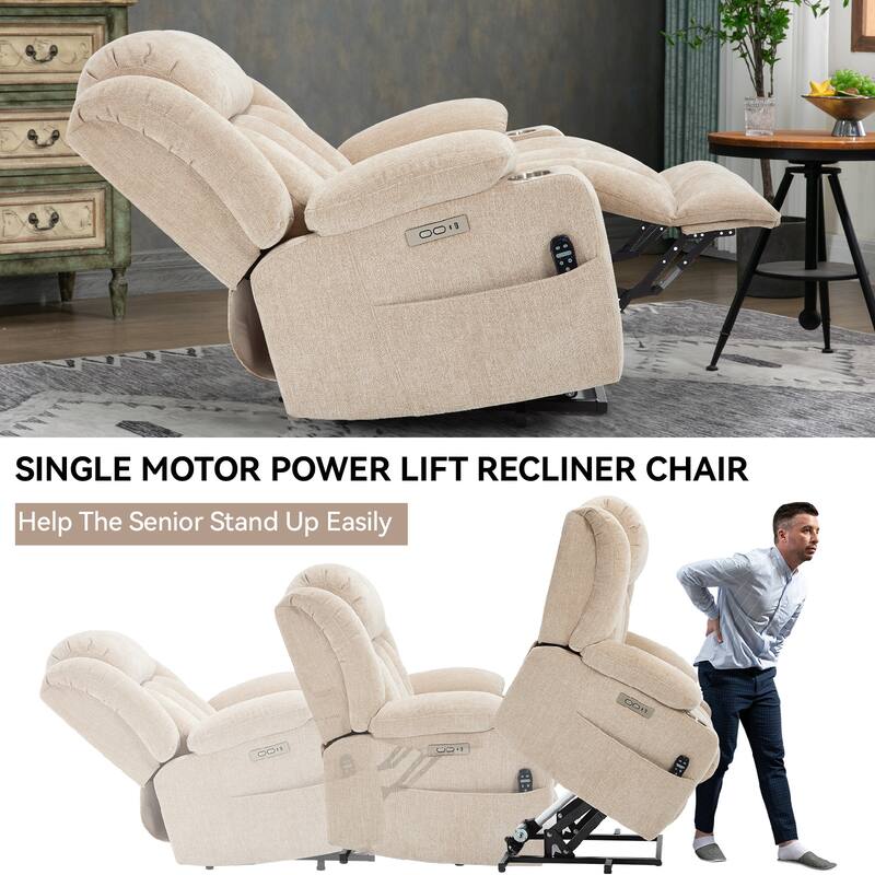 Chenille Power Lift Recliner Chair with Massage and Lumbar Heating, Dual Cup Holders