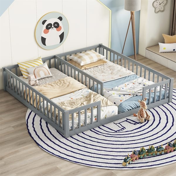 slide 2 of 34, Double Twin Floor Bed with Fence, Guardrails,Without Door