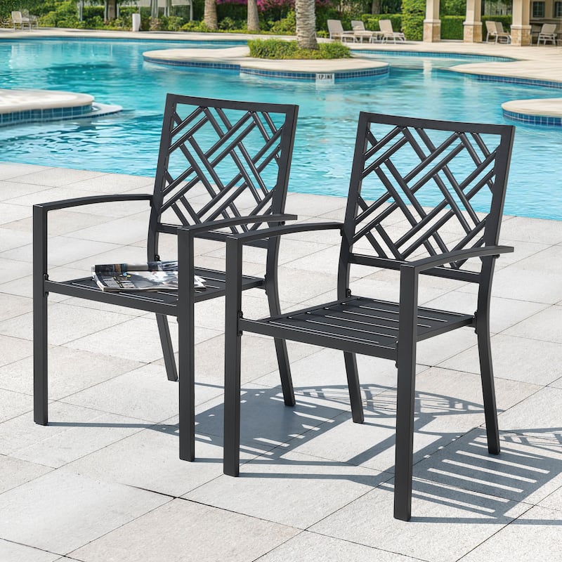 Patio 2-Piece Iron Dining Chairs with Ventilated Slatted Seat and Stackable Design