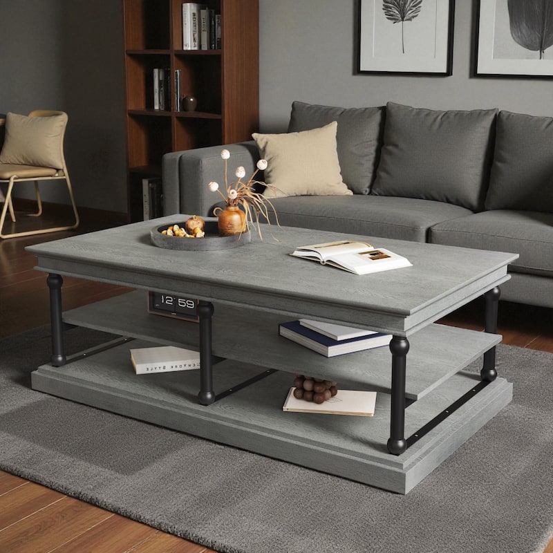 55.1" Modern Wood Coffee Table with Black Legs and 2 Open Shelves, Large Living Room Center Table - Grey