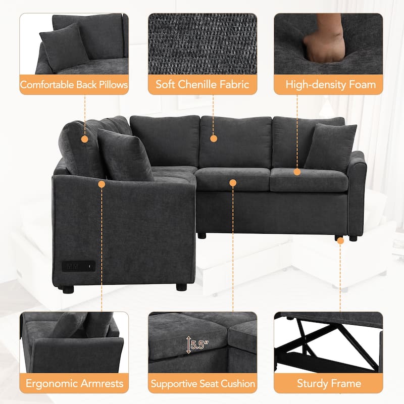 124.8"L-shaped Sofa Convertible Sofa Bed Pull Out Sofa Sleeper with Two Back Pillows, Two USB Ports and Two Power Sockets for Li