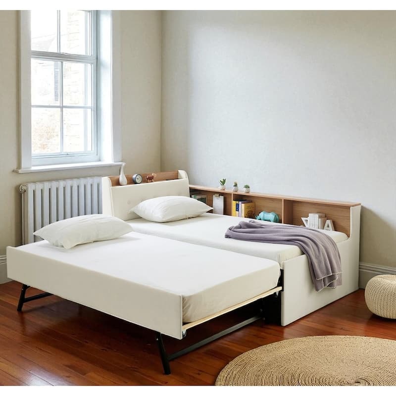 Twin Size Velvet Upholstered Daybed with Storage Headboard, Pop-up Trundle, LED Lights & Wireless Charging
