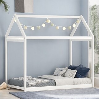 Wooden Twin Size Wooden House-Shaped Kids Bed, Sturdy & Durable, Easy to Clean, White