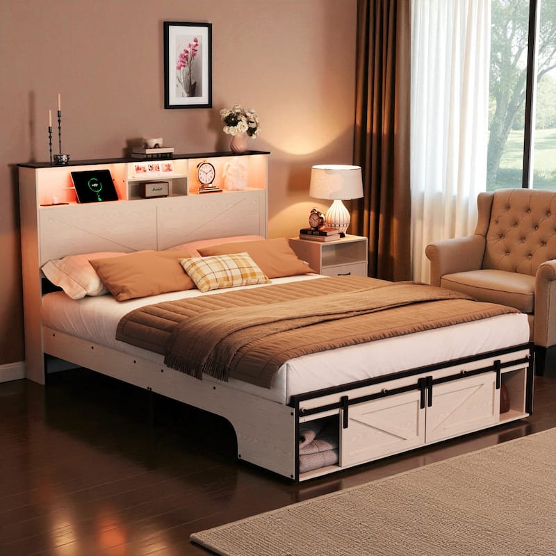 Farmhouse Full/Queen Bed Frame with Storage Headboard, Charging Station and RGB LED Lights, MDF and Steel Platform Bed