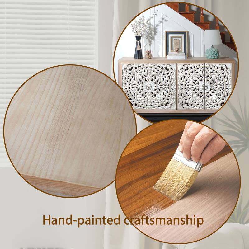 Rustic Carved Sideboard Buffet, Wood 4-Door Accent Cabinet, Storage Cabinet with Floral Hand-Carved Doors