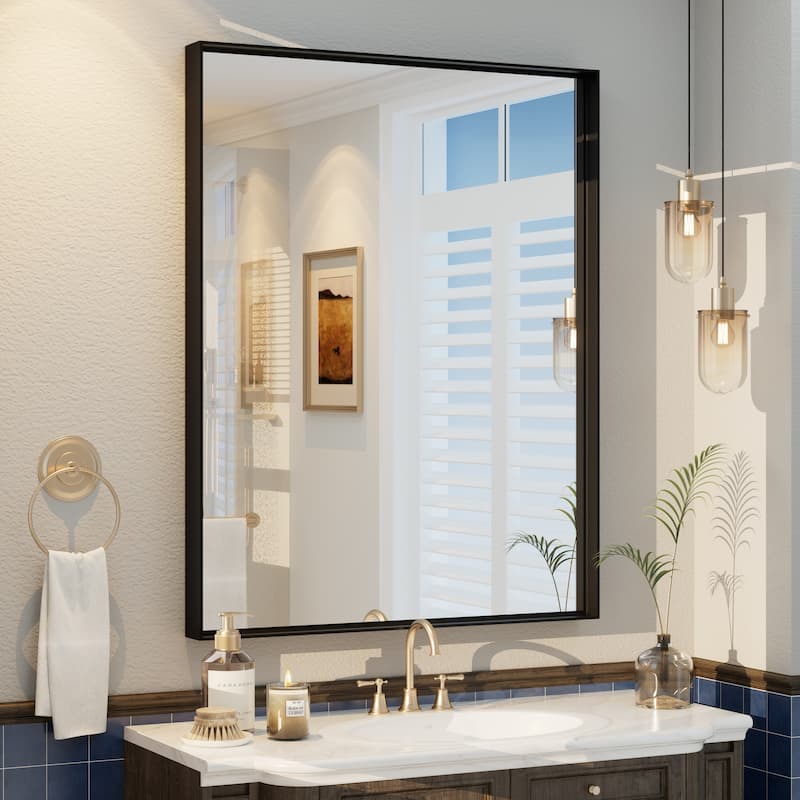 Full Size Metal Frame Wall Mirror Black Tempered Glass for Bathroom - 28x36