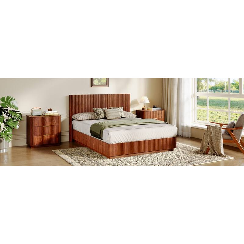 Low Profile Bed Frame with High Headboard, LED Light Strip Under Bed, Wooden Corrugated Curved Platform Bed, Metal Frame Support