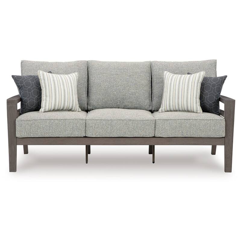 Karo Outdoor Sofa, 4 Accent Pillows, 79 Inch Brown Frame, Gray Nuvella
