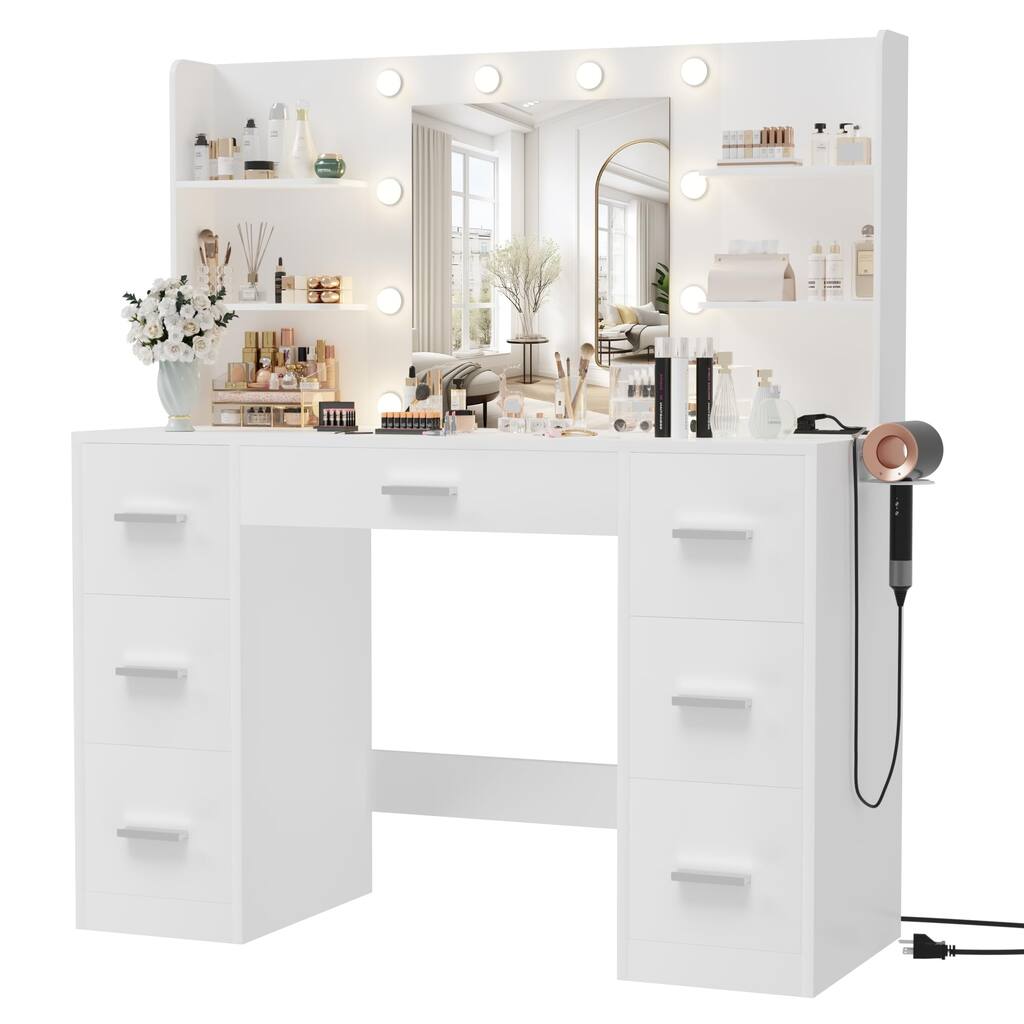 White Makeup Vanity Desk with LED Mirror Lights Power Outlet 7 Drawers 6 Shelves Dressing Table for Bedroom