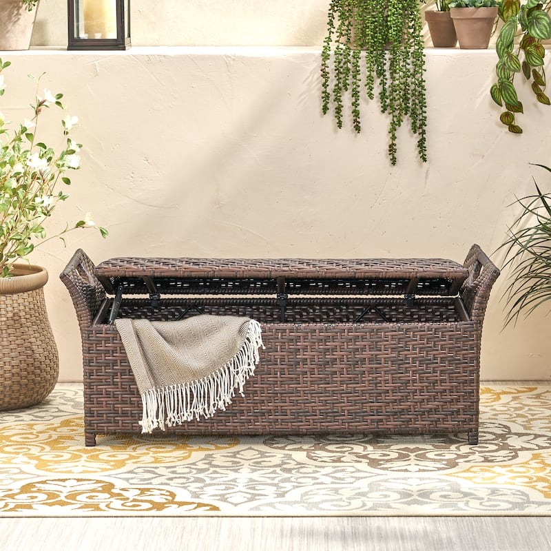Roomfitters Outdoor Storage Bench, All-Weather Rattan Patio Deck Box with Lid for Garden or Porch, Brown