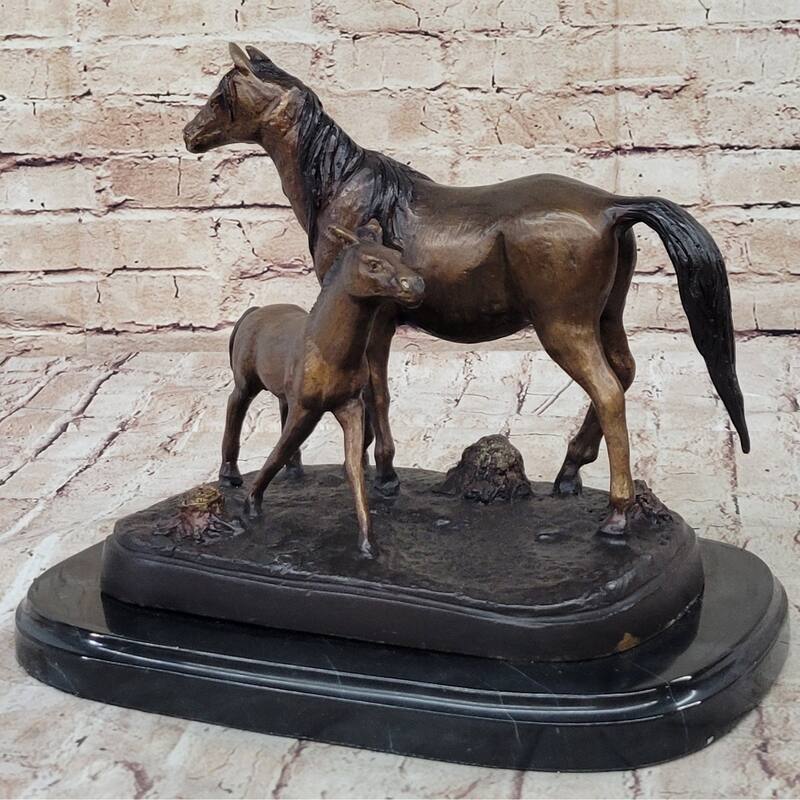Bronze Sculpture Figurine Mare W/ Her Baby Imitative Horse Stallion Farm Art Deco Moigniez