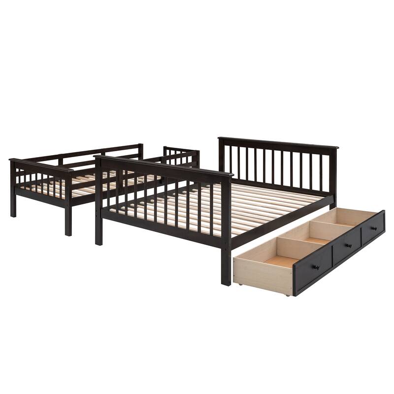 Twin-Over-Full Pine Bunk Bed with Staircase and Drawer