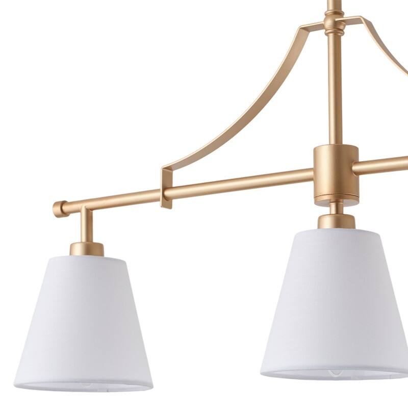 3 Light Linear Island Chandelier Deep Gold Painted Iron Frame Off White Fabric Shades