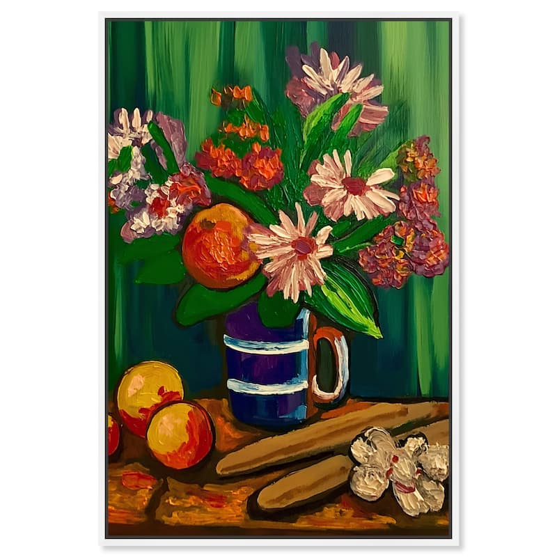 Art Remedy Floral Vase And Fruits Framed Flowers In Vase Paintings - 31 x 46 - White