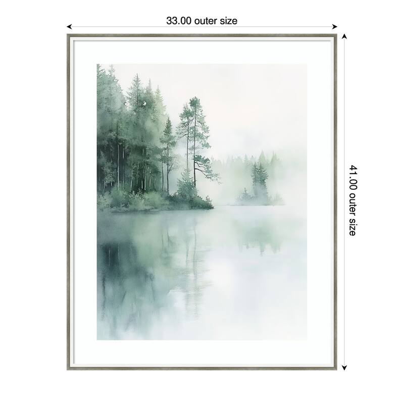 Misty Firs II by Tradelink inhouse artist Wood Framed Wall Art Print - Lucie Silver White - 33 x 41 in