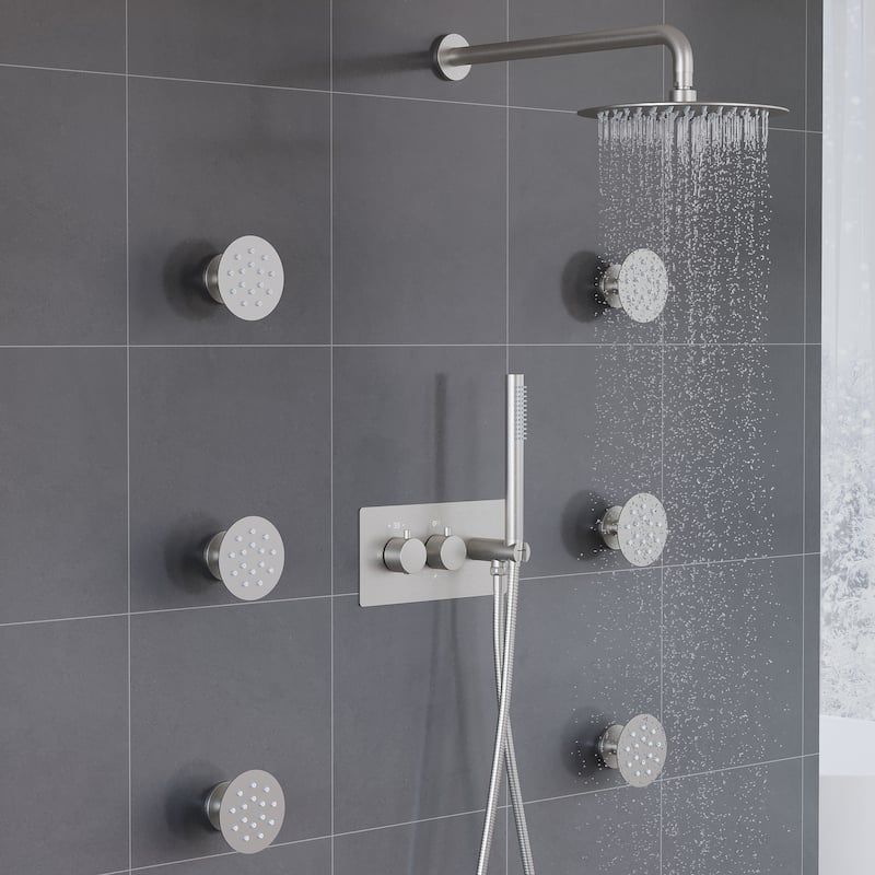 Thermostatic Shower System with 10" Ultra-Thin Round Shower Head,Body Jets And Hand Shower