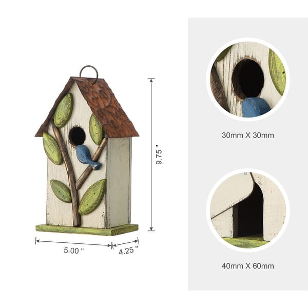 dimension image slide 3 of 4, Glitzhome 10"H Multicolor Cute Distressed Solid Wood Birdhouse with 3D Flowers