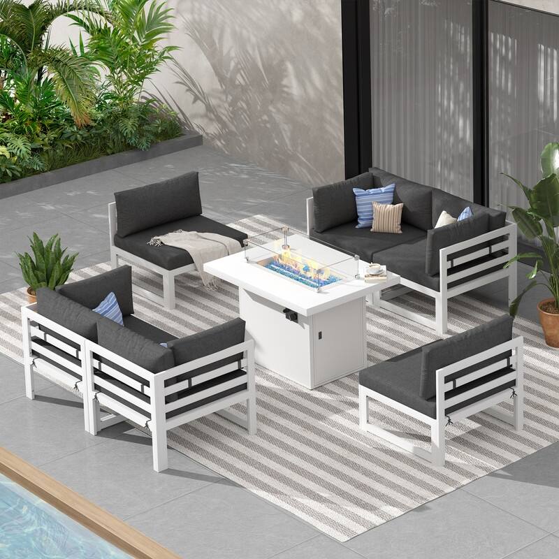 FINCATI Modern 7 Piece White Aluminum Outdoor Furniture Set with Propane/Natural Gas Firepit Table