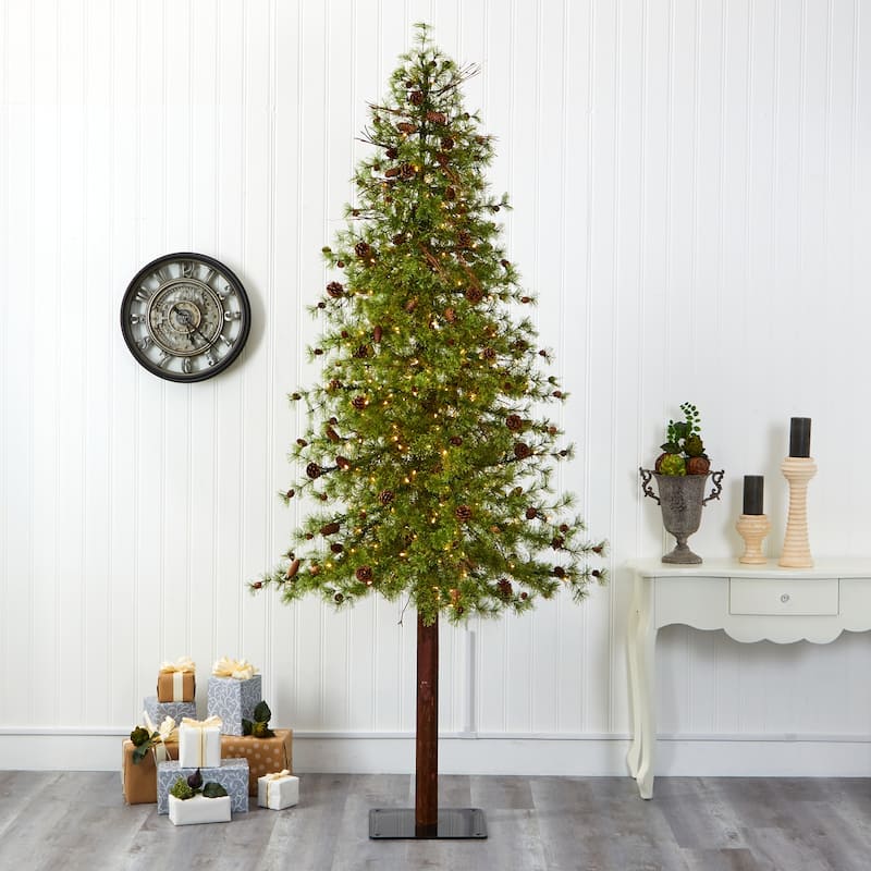9Ft Artificial Christmas Tree with Lights & Pine Cones - Slim Alpine Holiday Decor - Green - 108